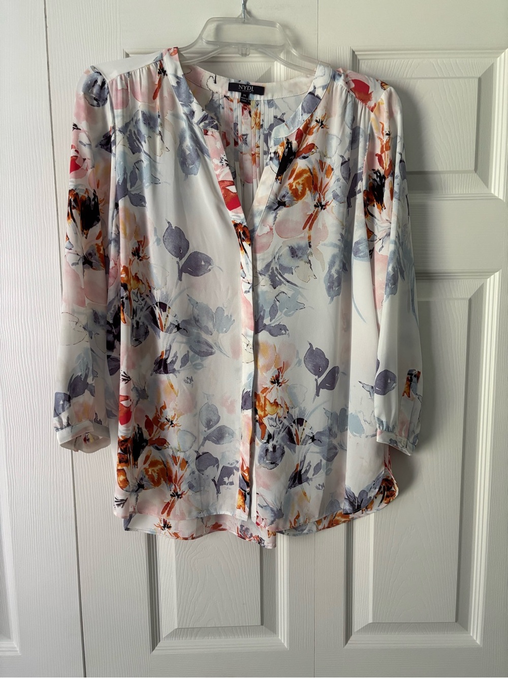 NYDJ White Floral Print Button-Front Blouse with Pink and Gray Accents